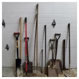 Lot of Shovels, Rakes, Picaxe, Post Hole Stake,