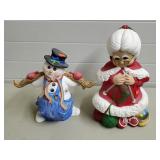 Ceramic Mrs. Claus & Snowman Statues
