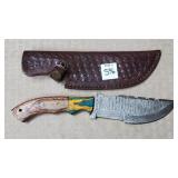 10 1/4" Damascus Steel Knife w/ Leather Sheath