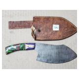 12" Damascus Steel Cleaver Knife w/ Leather Sheath