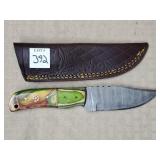 8" Damascus Steel Knife w/ Leather Sheath