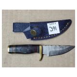 6" Damascus Steel Knife w/ Leather Sheath