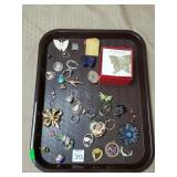 Tray Lot of Assorted Costume Pins, Rings, Jewelry