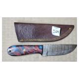 7 7/8" Damascus Steel Knife w/ Leather Sheath