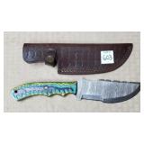 10 3/8" Damascus Steel Knife w/ Leather Sheath