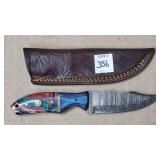 8" H Damascus Steel Knife w/ Leather Sheath