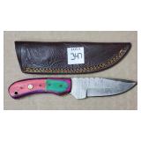 7 3/4" Damascus Steel Knife w/ Leather Sheath