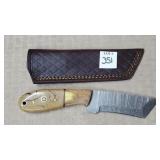 8" Damascus Steel Knife w/ Leather Sheath