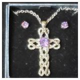 Sterling Plated Amethyst Cross & Earring Set