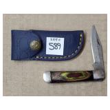 Damascus Steel Folding Knife w/ Leather Sheath
