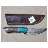 7 7/8" Damascus Steel Knife w/ Leather Sheath