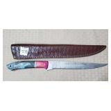13 3/8" Damascus Steel Long Knife w/ LeatherSheath