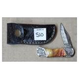 Damascus Steel Folding Knife w/ Leather Sheath