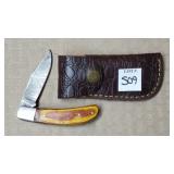 Damascus Steel Folding Knife w/ Leather Sheath