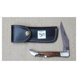 Damascus Steel Folding Knife w/ Leather Sheath