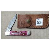 Damascus Steel Folding Knife w/ Leather Sheath