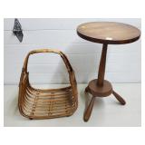 Wooden Pedestal Side Table & Wicker Magazine Baskt