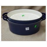 Blue Enamel Oval Roaster w/ Lid & Ribbed Insert