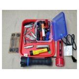 Tray Lot of Assorted Pocket Knives, Flashlights,