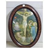 Antique Oval Cruifixition Scene Curved BubbleGlass
