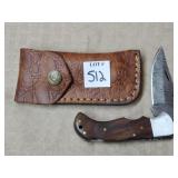 Damacus Steel Folding Knife w/ Leather Sheath