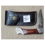Damascus Steel Folding Knife w/ Leather Sheath