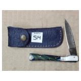 Damascus Steel Folding Knife w/ Leather Sheath
