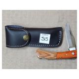 Damascus Steel Folding Knife w/ Leather Sheath