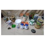 Lot of Irish Style Steins, Avocado Glass Pitcher,