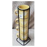 Set of 4 Bee Motif Stoneware Mugs w/ Stand
