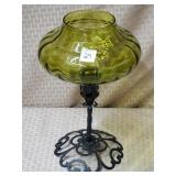 12" Vintage Italian Avocado Glass Candlestick w/