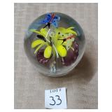 Art Glass Paperweight w/ Butterfly & Floral Motif