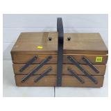 Vntg Wood Sewing Box w/ Threads, Materials, etc
