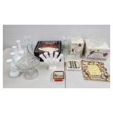 Crystal Liqour Decanters, Milk Glass Vases,