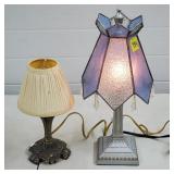 Small Blue Stained Glass/Cracked Table Lamp, Brass