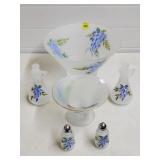 Hazel Atlas Frosted Blue Floral Salad Bowel, Cruet