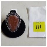 German Silver Red Sun Stone Ring, Size 9