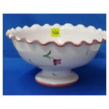 Italian Pink Ruffled FloralStoneware Pedestal Bowl