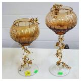 Pair of Amber Scalloped Glass Pedestal Candlestick