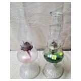 Lot of 2 Glass Oil Lamps w/ Hurricane Shades