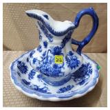 Blue & White Floral Pitcher & Washbowl
