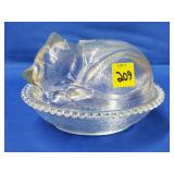 Vintage Clear Pressed Glass Sleeping Cat Covered