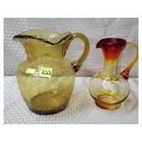 2 Pc Art Glass Pitchers - Crackle & Amber Ruby