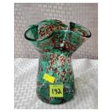 Green & Red Art Glass Ruffled Vase