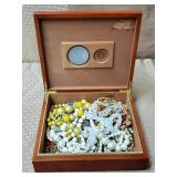Wood Humidor Box w/ Vtg Costume Necklaces