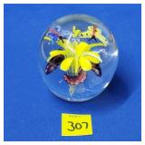 Art Glass Paperweight w/ Butterfly & Floral Motif
