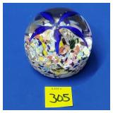 Art Glass Paperweight w/ Blue Starburst/Confetti