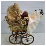 Victorian Style Doll Carriage w/ 2 Porcelain Doll