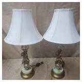Pair of Brass Cherub w/ Marble & Crystal Lamps