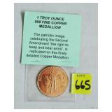 1 Troy Ounce .999 Fine Copper Medallion